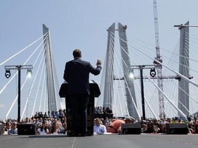 New York Governor Andrew Cuomo speaks during a ribbon cutting ceremony for the Tappan Zee Bridge replacement, called the The Gov. Mario M. Cuomo Bridge, near Tarrytown, N.Y., Thursday, Aug. 24, 2017. The event was held a day before vehicles start rolling across the massive new Hudson River span. Cuomo and a host of other dignitaries attended Thursday&#039;s ceremony for the 3-mile long bridge, which is being named after Cuomo&#039;s late father. (AP Photo/Seth Wenig)