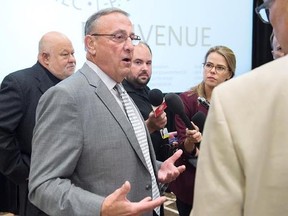 Maine Governor Paul LePage talks with reporters at a meeting of New England governors and Eastern Canadian premiers in Charlottetown on Monday, Aug. 28, 2017. LePage has proposed sending a letter from premiers and governors in support of exemptions on softwood lumber duties in the ongoing trade battle that impacts the region. THE CANADIAN PRESS/Andrew Vaughan