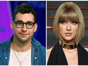 In this combination photo, music producer Jack Antonoff appears at the MTV Video Music Awards on Aug. 27, 2017, left, and Taylor Swift attends the Vanity Fair Fair Oscar Party in Beverly Hills, Calif. on Feb. 28, 2016. Antonoff is keeping quiet about who Swift is singing about in her new song, &ampquot;Look What You Made Me Do.&ampquot; Antonoff co-wrote and co-produced the song that is rumored to be about Kanye West. (Photos by Jordan Strauss, left, and Evan Agostini/Invision/AP, File)