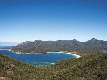 Wineglass Bay from Mt. Amos on the Wineglass Bay Track, Freycinet National Park, Tasmania.