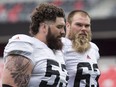 Redblacks offensive linemen Matt Albright, left, and Jon Gott during training camp. Errol McGihon/Postmedia