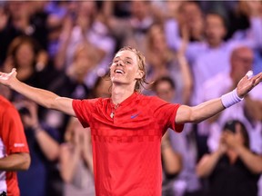 Canadian Denis Shapovalov celebrates his victory over Rafael Nadal of Spain during third-round men's singles play in the Rogers Cup at Montreal on Thursday night. Shapovalov won 6-3, 4-6, 6-7.  Minas Panagiotakis/Getty Images