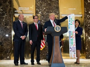 Director of the National Economic Council Gary Cohn, Treasury Secretary Steve Mnuchin and Transportation Secretary Elaine Chao, President Donald Trump holds up a Federal decision permitting-process flowchart for federally funded highway projects in the United States' while speaking following a meeting on infrastructure at Trump Tower, August 15, 2017 in New York City. Some of Trump's closest advisers are Jewish, and, Andrew Cohen writes, they shouldn't stand by the president. (Photo by Drew Angerer/Getty Images)