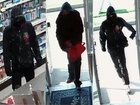 Police are looking for two black-clad robbers who allegedly held up an Alta Vista pharmacy in a brazen daytime heist.