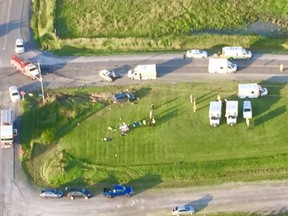 Aerial view of two-vehicle collision on Dwyer Hill Road on Tuesday evening.