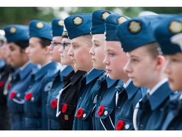 Air Cadets stand at attention as the 75th Anniversary of Dieppe Sunset Ceremony takes place at the Kanata Legion Cenotaph.