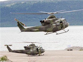 Royal Canadian Air Force CH-146 Griffon helicopters fly to pick up supplies to transport to troops deployed further north during Operation NANOOK, August 21, 2017.

Photo Credit: Mona Ghiz