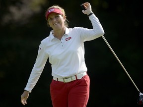 Lorie Kane reacts to her drive on the fourth tee during second-round play at the Canadian Women's Open on Friday, Aug.25, 2017.