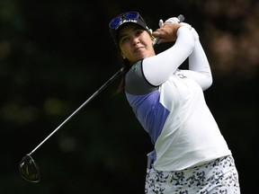 Brittany Marchand of Orangeville, Ont., drives from the fourth tee in Round 3 of the 2017 Canadian Pacific Women's Open in Ottawa on Saturday, Aug. 26, 2017.