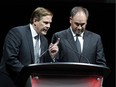 Ottawa Senators assistant general manager Randy Lee tells a story about Bryan Murray as general manager Pierre Dorion, right, looks on, during a celebration of Murray's life at the Canadian Tire Centre on Thursday, Aug. 24, 2017.