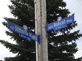 In March 2017, the short stretch between Stittsville Main and Norway Spruce streets underwent a name change, from Bell Street to Bobcat Way.