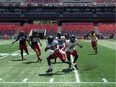 Quincy McDuffie runs past Patrick Lavoie during a punt return still with the Ottawa Redblacks on Tuesday, Aug 1, 2017. It was McDuffie's first practice with the team after signing was announced earlier in the day.