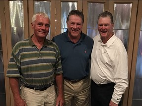 Former Ottawa 67's players Gary Doyle, left, and Denis Potvin, middle, pose with former coach and GM Brian Kilrea at the Ottawa Valley Hockey Oldtimers Golf Day at Hylands Golf Club on Friday. Photo by Ottawa Sports & Entertainment Group.