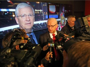 Bryan Murray holds court with the media over his induction to the Senators' Ring of Honour at Canadian Tire Centre last December. Jean Levac/Postmedia