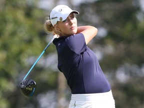 Ellie Szeryk hits on the eighth hole during the second round of the Canadian junior girls golf championship at Camelot on Wednesday, Aug. 2, 2017. Szeryk leads the tournament at 2-under after back-to-back 71s.