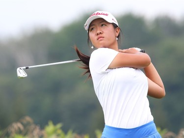 Susan Xiao  hits her tee shot on the fourth hole during the third round.