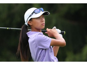 Emily Zhu hits her tee shot on the sixth hole during the third round of the Canadian junior girls championship at the Camelot Golf and Country Club on Thursday, Aug. 3, 2017.