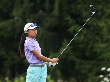 Emily Zhu hits her tee shot on the sixth hole.