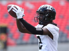 Kenny Shaw pulls in a pass during a Redblacks practice earlier this month. Jean Levac/Postmedia