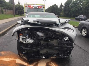 A 51-year-old woman was seriously injured when her car collided with a truck at the intersection of Innes and Tenth Line roads Friday.