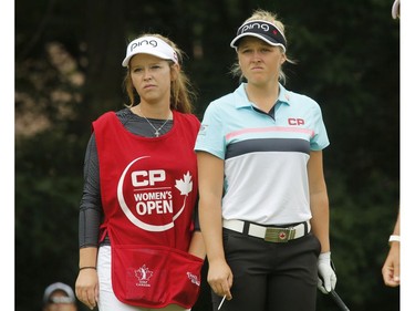 Brooke Henderson and her caddy sister, Brittany Henderson, take part in the LPGA event at the Ottawa Hunt and Golf Club in Ottawa on Sunday, June 27, 2017.   (Patrick Doyle)  ORG XMIT: LPGA 09

0827 LPGA
Patrick Doyle