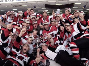 Members of the Ottawa 67's celebrate their 1999 Memorial Cup win.