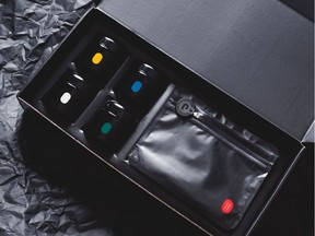 The Tokyo Smoke kit to be sold by Aphria includes 5 gram samples of four strains of marijuana, custom crafted black glass jars and accessories.
