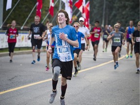 The 10th anniversary of the 2017 Canada Army Run took place Sunday, September 17, 2017 with 5K, 10K and half marathon races. Declan Campbell-Hill comes in to the finish line after taking part in the Vimy Challenge.