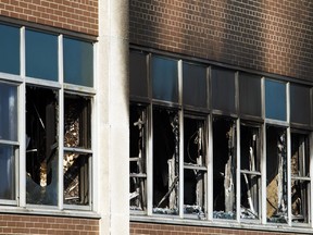 Windows were blown out by the heat at a fire at the Canada Post Riverside complex Saturday, September 23, 2017.   Ashley Fraser/Postmedia
Ashley Fraser, Postmedia