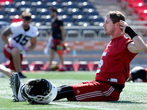 Quarterback Drew Tate (#5), who's filling in for the injured Trevor Harris, during the Ottawa Redblacks practice Wednesday (Sept. 13, 2017) at TD Place.