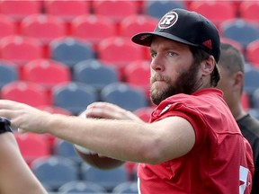 Ryan Lindley looks for his target during Redblacks practice at TD Place on Wednesday, Sept. 20, 2017. He had looked like a lock to start in Winnipeg on Friday night, but it was announced that Drew Tate, injured in the last game, will also be in the lineup.