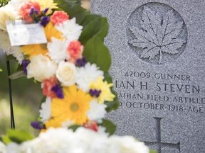 A detail of the grave of Ian Hector Steven, a Scottish soldier who died in Canada after the First World War, pictured following a ceremony to consecrate the new headstone, in Toronto&#039;s St.Johns Norway cemetery on Sunday, May 7, 2017. The former gunner previously had an unmarked grave and his Scottish family searched for it for years. The efforts of genealogists in Toronto recently helped his family finally find it. THE CANADIAN PRESS/Chris Young