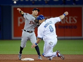 Detroit Tigers second baseman Ian Kinsler (3) forces out Toronto Blue Jays designated hitter Kendrys Morales (8) and throws to first base to complete a triple-play on a ball hit by Blue Jays&#039; Kevin Pillar during sixth inning AL baseball action in Toronto on Friday, September 8, 2017. THE CANADIAN PRESS/Nathan Denette