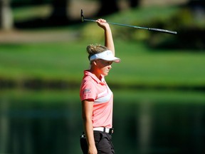 Brooke Henderson of Canada celebrates a birdie on the 13th hole during the third round of the LPGA Cambia Portland Classic at Columbia Edgewater Country Club on Saturday,  Sept. 2, 2017. Henderson had two birdies in the round, but also had two bogeys and a double bogey.