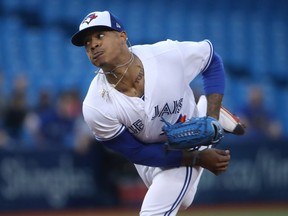 Marcus Stroman #6 of the Toronto Blue Jays delivers a pitch in the first inning during MLB game action against the Baltimore Orioles at Rogers Centre on September 13, 2017 in Toronto.