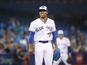 Marcus Stroman #6 of the Toronto Blue Jays reacts after the Blue Jays narrowly missed turning a double play in the seventh inning during MLB game action against the Kansas City Royals at Rogers Centre on September 19, 2017 in Toronto.
