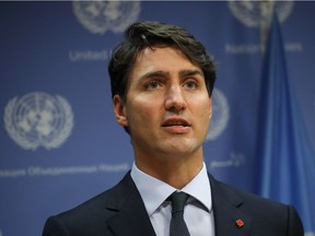 Prime Minister Justin Trudeau holds a press briefing at UN headquarters Thursday. All talk, no action?