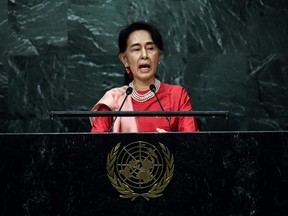 Files: Aung San Suu Kyi addressing the 71st session of United Nations in Sept. 2016.