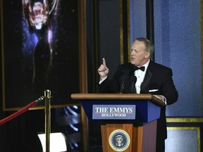 Former White House Press Secretary Sean Spicer speaks onstage during the 69th Emmy Awards at the Microsoft Theatre on September 17, 2017 in Los Angeles, California.