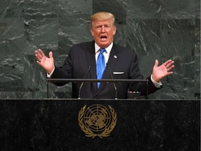 UN-ASSEMBLY

US President Donald Trump addresses the 72nd Annual UN General Assembly in New York on September 19, 2017. / AFP PHOTO / TIMOTHY A. CLARYTIMOTHY A. CLARY/AFP/Getty Images
TIMOTHY A. CLARY, AFP/Getty Images