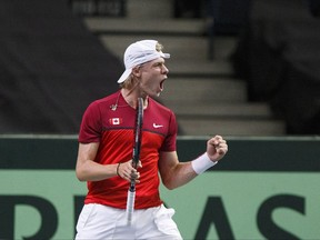 Canada's Denis Shapovalov celebrates a point against India's Ramkumar Ramanathan during Davis Cup singles tennis in Edmonton on Sept. 17.