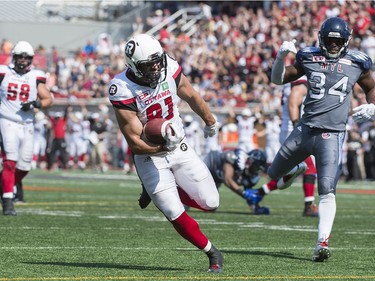 Ottawa Redblacks' fullback Patrick Lavoie runs in for a touchdown during first half CFL football action against the Montreal Alouettes in Montreal, Sunday, September 17, 2017.