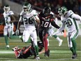 Saskatchewan's Christion Jones runs past the Ottawa punt-cover team for a touchdown in the second half of Friday's contest. THE CANADIAN PRESS/Justin Tang