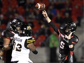 Ottawa Redblacks quarterback Drew Tate (5) throws with the ball during second half CFL football action against the Hamilton Tiger-Cats, in Ottawa on Saturday, Sept. 9, 2017.