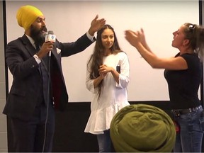 NDP leadership contender Jagmeet Singh is shown on video dealing with a heckler last week. He's been much praised for handling the episode with grace and calm.