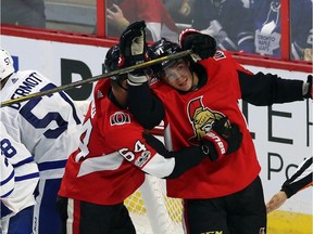 Senators forward Gabriel Gagné, right, celebrates his goal with Tyler Randell against the Maple Leafs. THE CANADIAN PRESS/Fred Chartrand