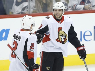 The Ottawa Senators' Dion Phaneuf and Bobby Ryan celebrate Ryan's goal.