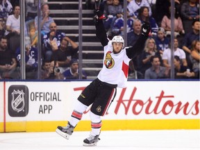 Ottawa Senators defenceman Fredrik Claesson celebrates his goal against the Toronto Maple Leafs on Tuesday, Sept. 19, 2017.