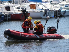 Firefighters, who feared the owner would plunge into the water to rescue her pet, warned bystanders to get out of the water for their own safety.