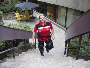 Invictus Games particpant Liz Steeves uses a motorized "dermoskeleton" that straps on her leg and allows her to engage in everyday activities "like anybody else." She competed in wheelchair tennis. (Handout images / Della Rollins)